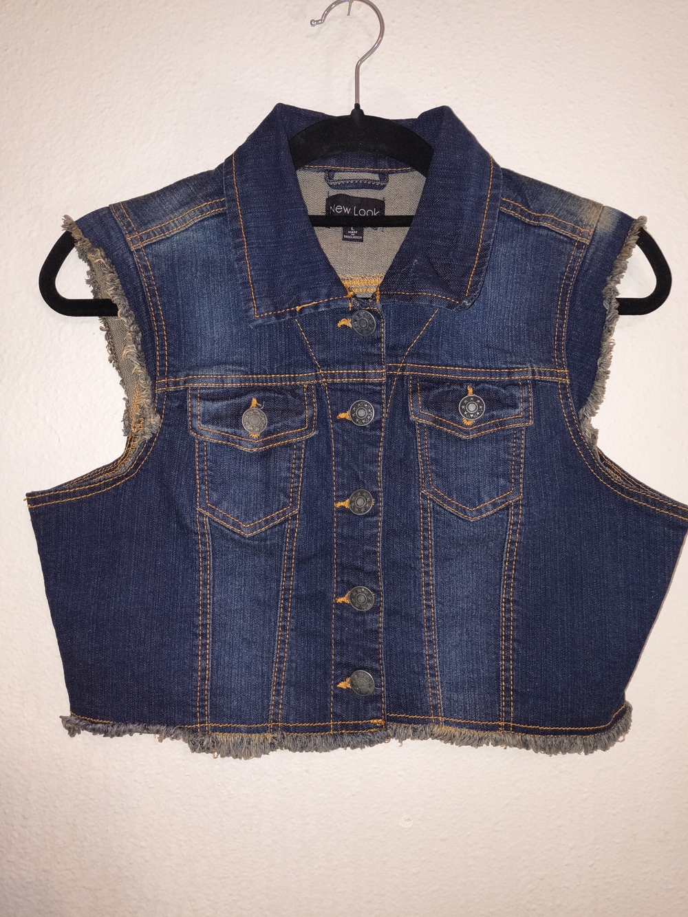 New Look Cropped Denim Vest Frayed Hem Button Front Jean Jacket Size Large